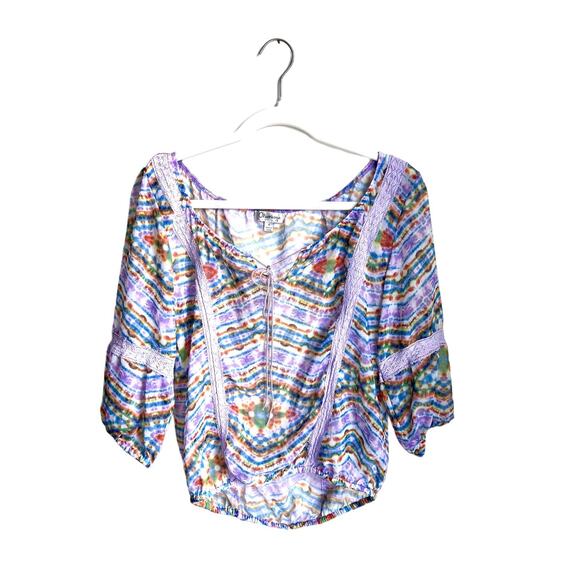 Groovy Off the Shoulder Peasant Top in Boho Tie Dye Hippie Print - Picture 1 of 5
